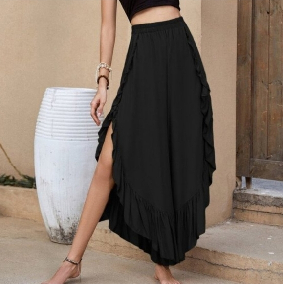 Ruffle Hem Wide Leg Pants black - Picture 2 of 8